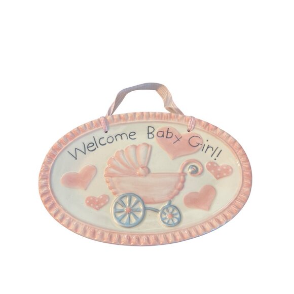 Mud Pie Ceramic Welcome Baby Girl Plaque Pink Gingham Ribbon Personalize NWOT - Picture 1 of 6